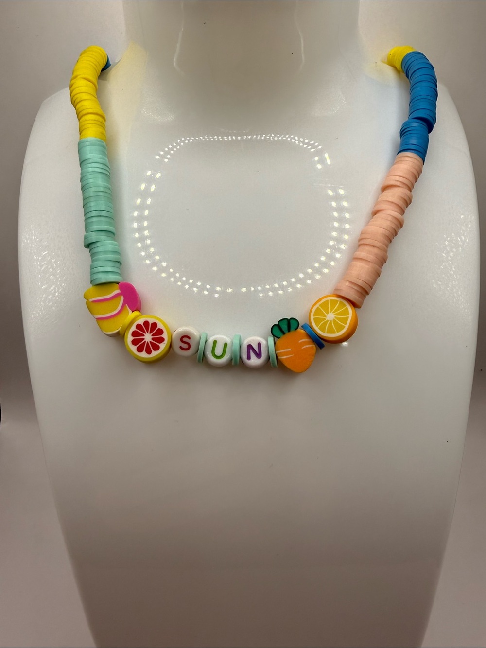 Summer Fruit Beaded Necklace with the word Sun - Multicolor with Lobster Clasp